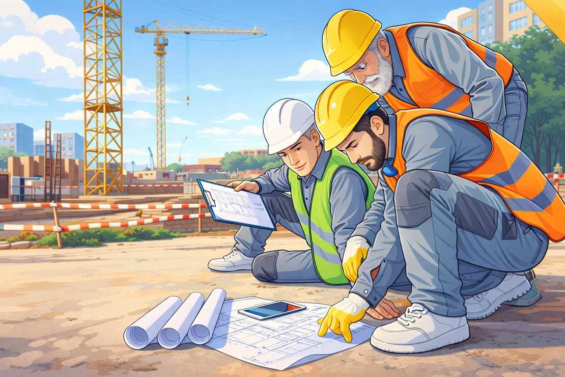 Direttore lavori che controlla il cantiere con tablet in mano